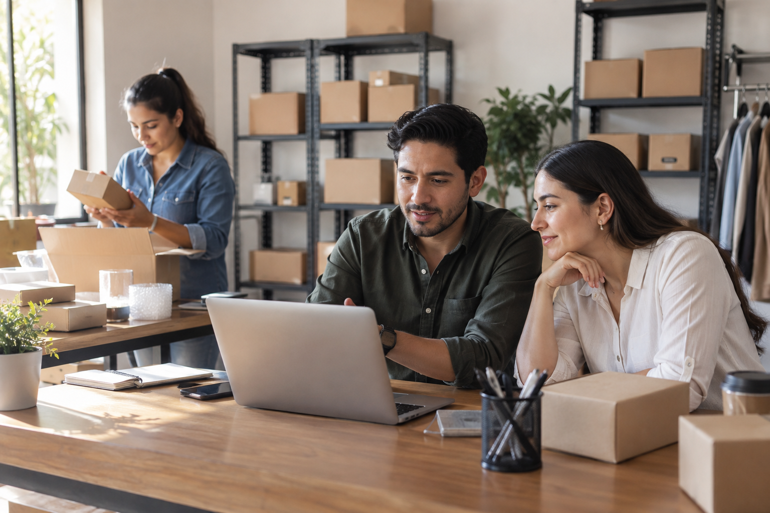 Equipo de ecommerce coordina productos y pedidos en una oficina junto al almacén.
