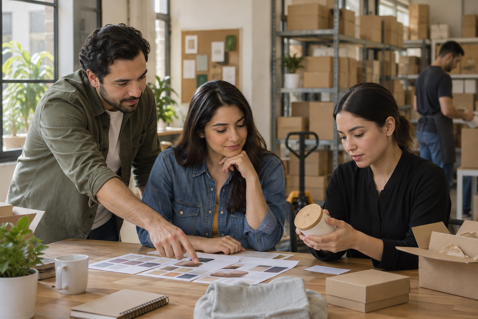 Equipo de ecommerce compara propuestas de agencia junto a un almacén de pedidos.