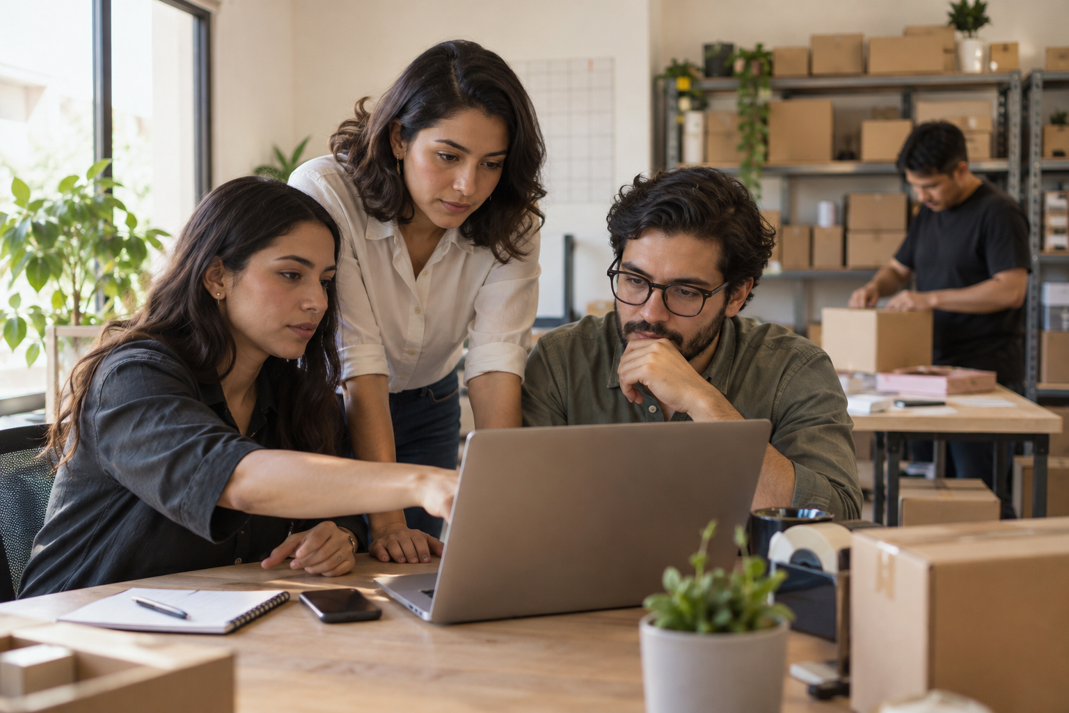Responsable de ecommerce revisa la operación con su equipo junto a un área de preparación de pedidos.