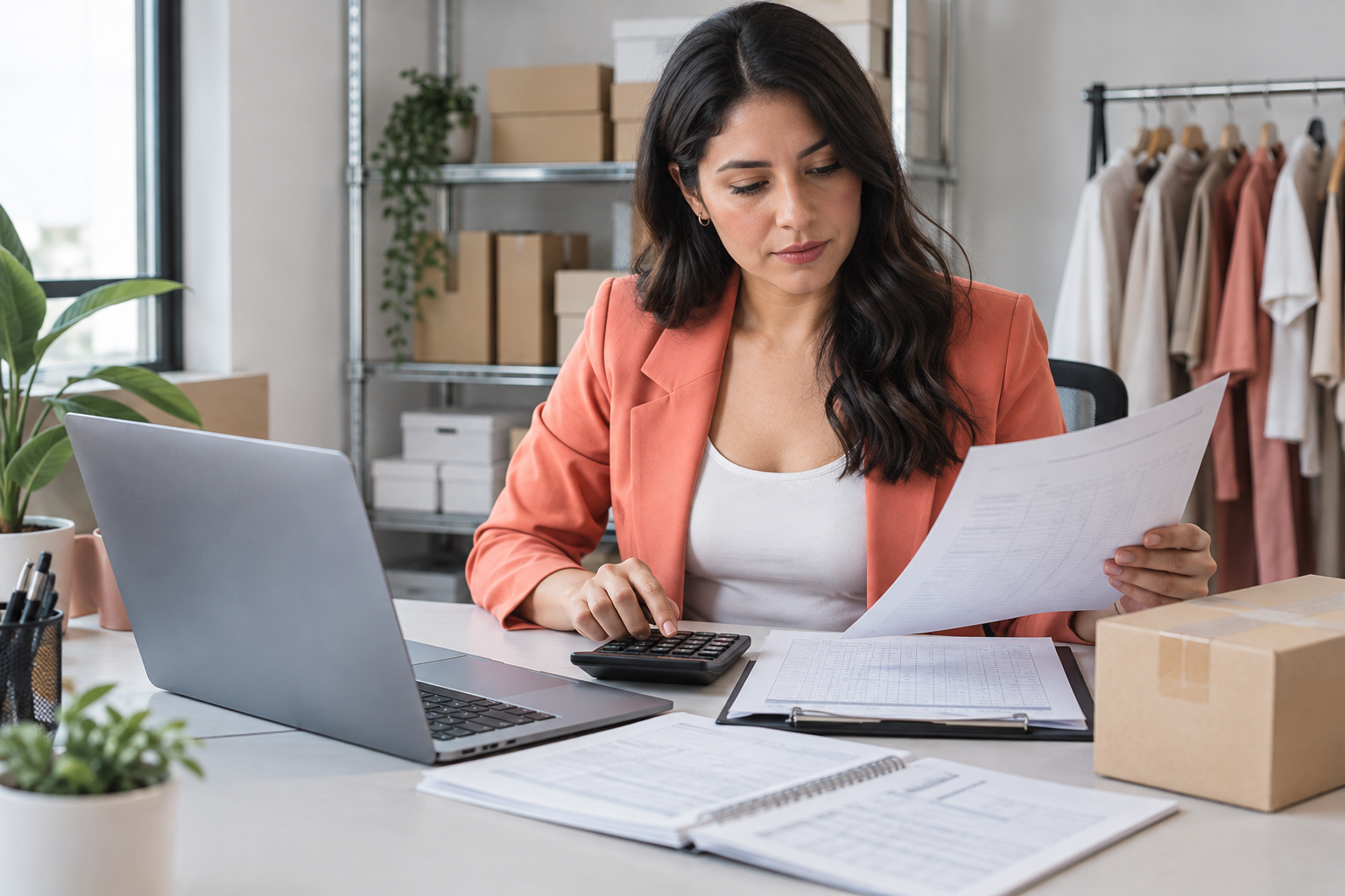 Analista financiera revisando registros de ventas y costos de pedidos de comercio electrónico.