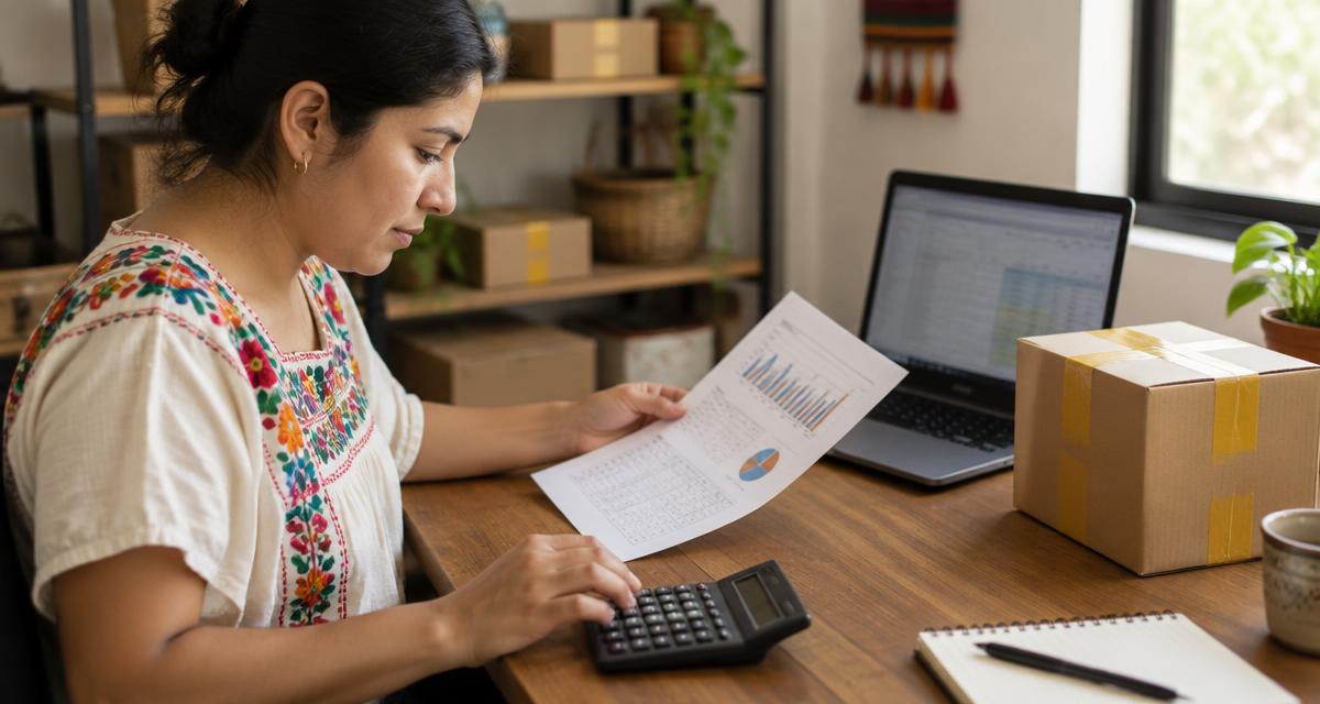 Vendedora revisando un reporte de ventas con calculadora junto a una caja de envío