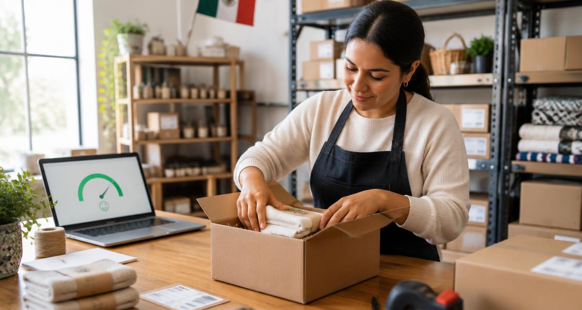 Vendedora empacando un pedido junto a una laptop con el indicador de reputación en verde