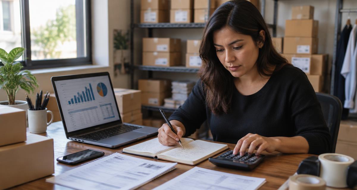 Analista de ecommerce calculando el costo y la utilidad por pedido con calculadora y laptop en su almacén