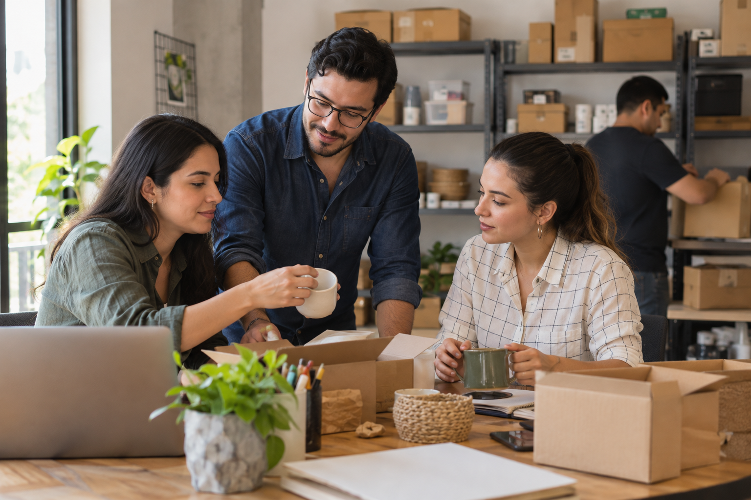 Equipo de ecommerce coordina productos y preparación de pedidos en una oficina junto a un almacén.